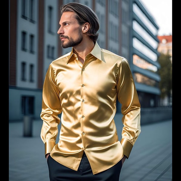 Långärmade klänningskjortor i sidensatin för män Glänsande Casual Button Down-skjorta Gold S