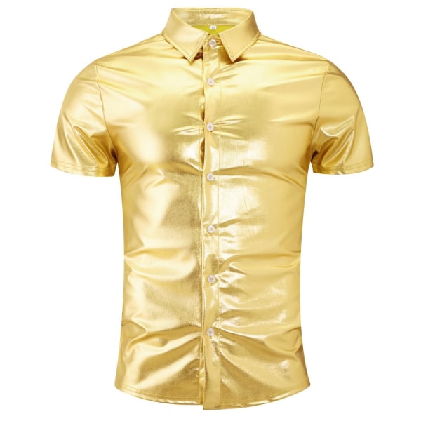Sommarskjortor herr Kortärmade glänsande metalliska skjortor yellow XXL
