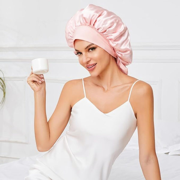 Stor Siden Bonnet för Sömn, Satin Hårmössa för Sömn med Bindband