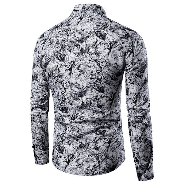 Mænds Langærmet Cardigan-Knap Trykt Lapel Skjorte White M