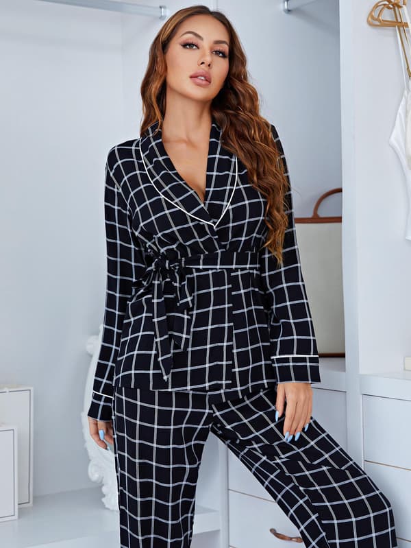 Dame Plaid Langærmet Pyjamas Todelt Sæt S