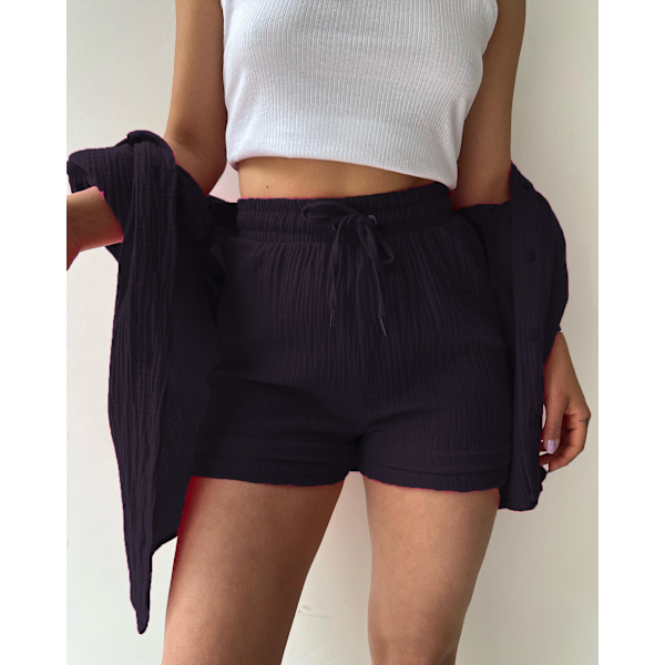 Dam 2-delad byxa set Linne Shirtort set black M