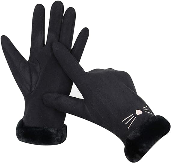 Dame Suede Handsker Søde Kat Fleeceforet Varme Handsker Black