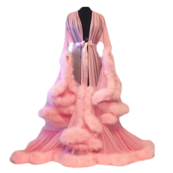 Släpande långklänning för kvinnor med fjäder utsvängda ärmar pink L