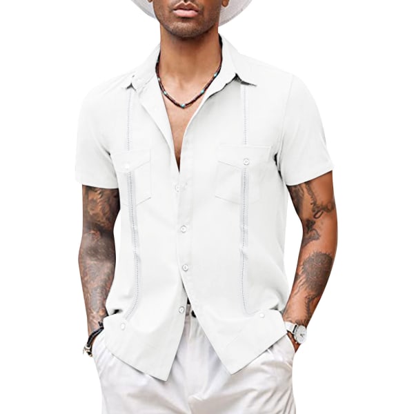 Kortärmad kubansk Guayabera-skjorta för män, Casual Beach Button Down-skjortor WHITE XL