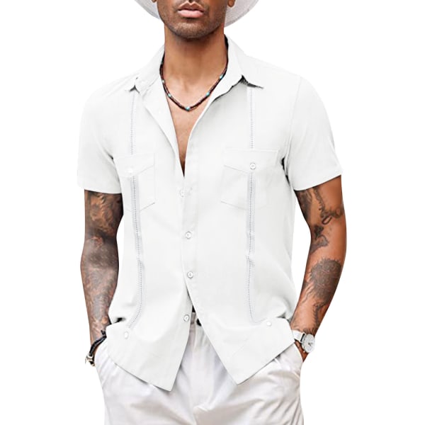 Miesten lyhythihainen Cuban Guayabera -paita, Rento Rannan Napit WHITE 2XL