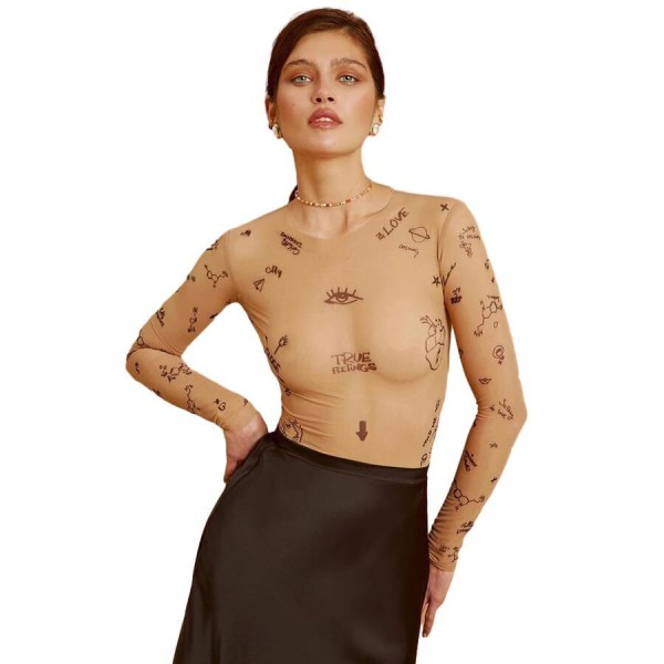 Kvinners Langærmet Rundhals Trykt Sexy Gjennomsiktig Mesh Crop Top Light brown L