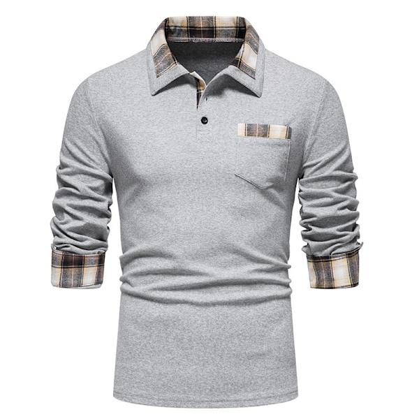 Herrar Långärmad Rutig Patchwork Lapel Casual Skjorta Gray L