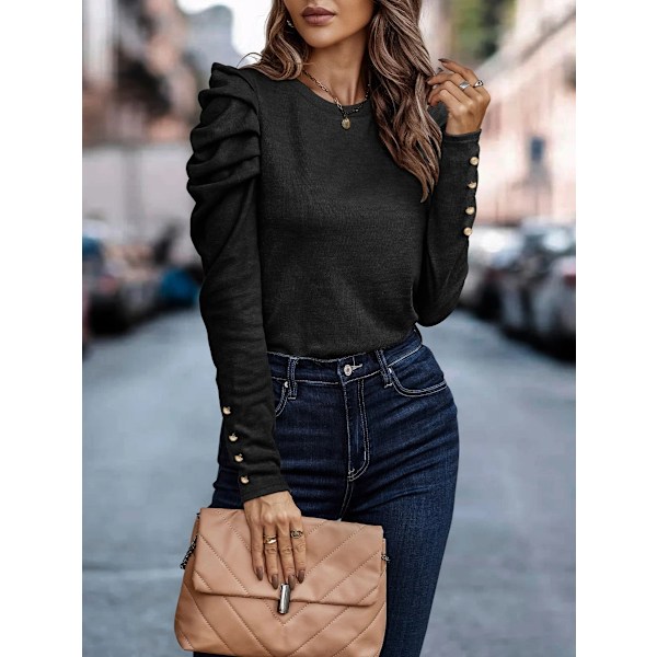 Kvinners Heldekkende Rundhals Puff Lang Erme Slim Fit Skjorte Topper Black M