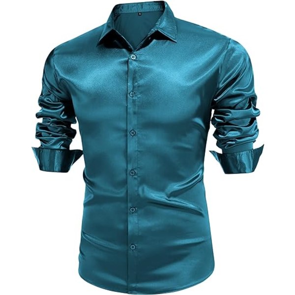 Långärmade klänningskjortor i sidensatin för män Glänsande Casual Button Down-skjorta Green S