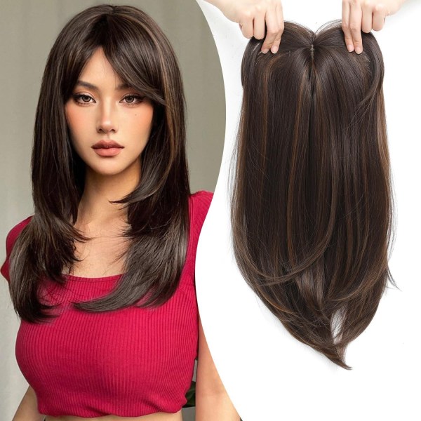 Clip in syntetisk hårtopp med lugg för tunt hår, långa vågiga hårförlängningar color1