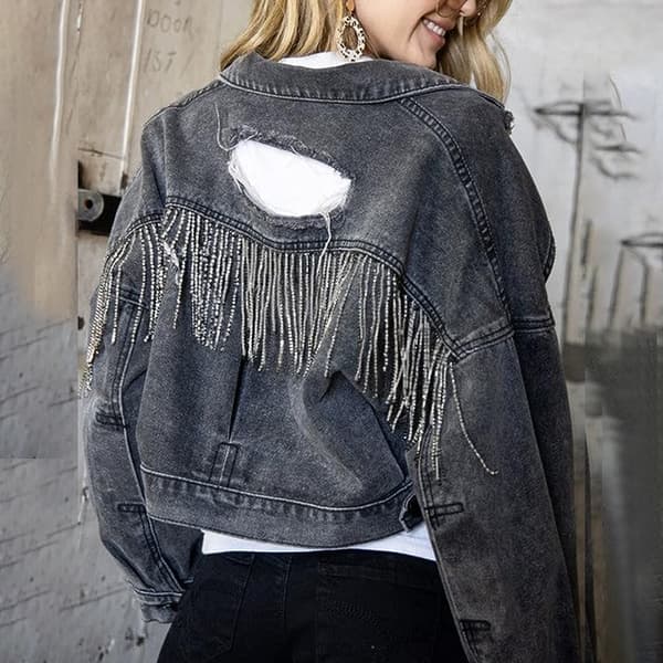 Damjeansjacka med lång ärm, fransar och strass Black S