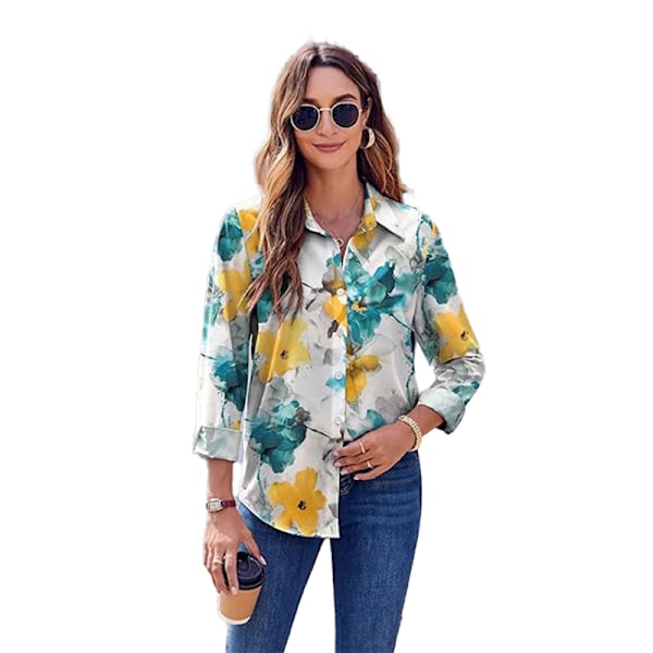 Dam Skjortor med Knappar Blommig Tryck Långärmad Vardaglig Topp Yellow Blue L