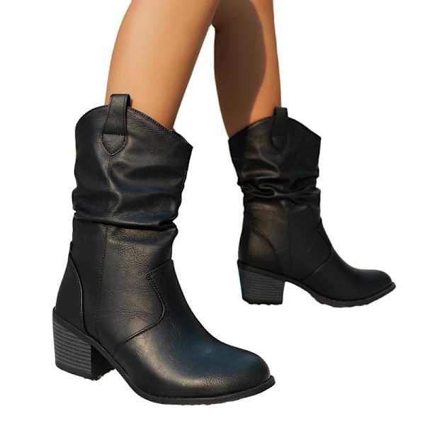 Damskor Western Ankle Boots Spetsig tå Chunky Block Mellanhög Klack Chelsea Cowboy Stövletter Black 40