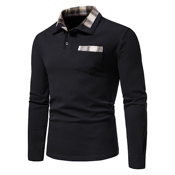 Herrar Långärmad Rutig Patchwork Lapel Casual Skjorta Black L