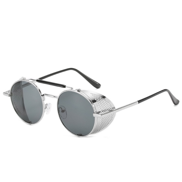 Retro Runda Polariserade Steampunk Solglasögon Män Kvinnor Silver Grey