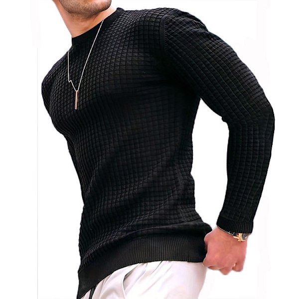 Herrar Waffle Pullover Tröja Rutiga Långärmad Rundhalsad Solid Tröja Black M