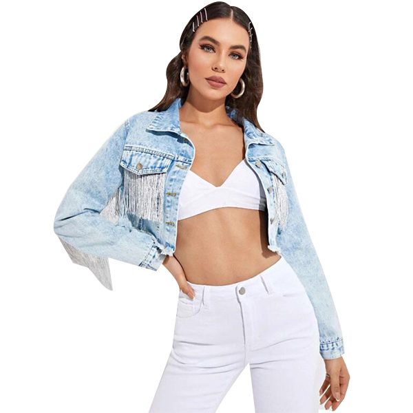 Damfransar långärmad Crop jeansjacka light blue M