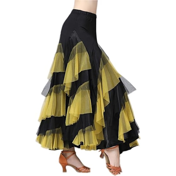 Ballroom Latin Dansfestklänning Lång Svingande Lagrad Kjol för Kvinnor Black+Yellow