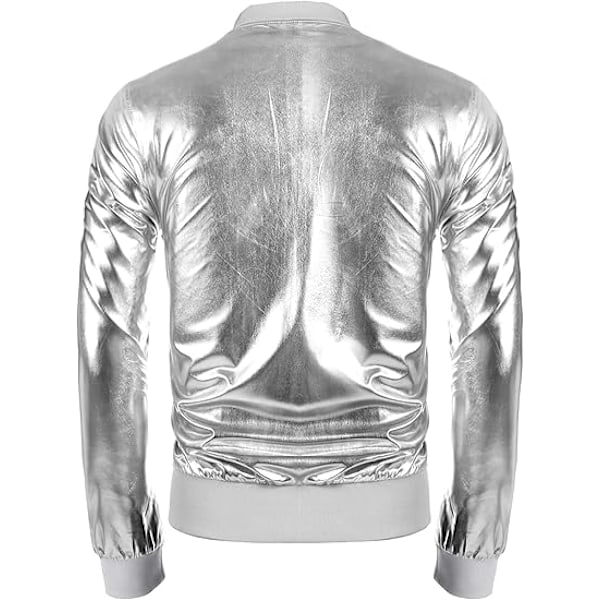 Menn's Metallic Jakke 70-talls Disco Julefest Varsity Jakke Silver XS