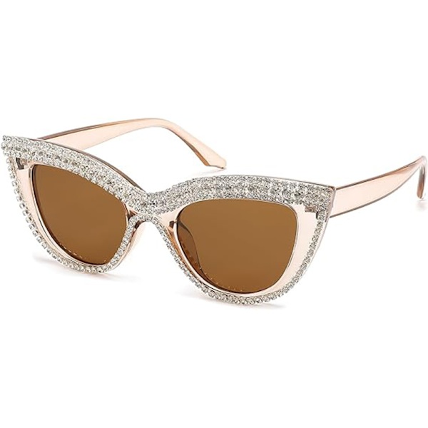 Dam Cat Eye Solglasögon med Glittrande Kristaller UV-Skydd Rhinestone Solglasögon coffee
