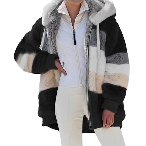 Damjacka med huva i fluffigt fleece, vinterjacka, cardigan, ytterkläder Black 4XL