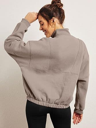 Hettegenser med lang erme og halv glidelås for kvinner Light Brown L