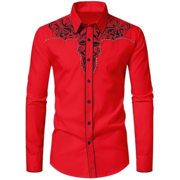 Herrar Western Cowboy Skjorta Mode Slank Passform Design Red 1 XL