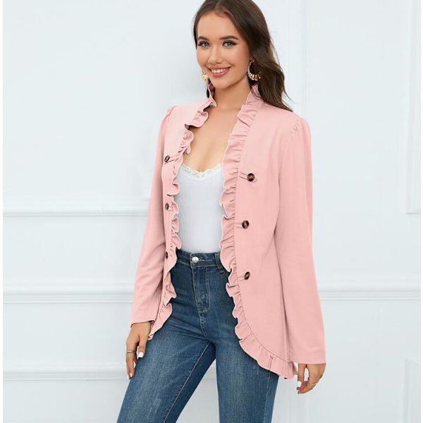 Kvinners Ruffled Lapel Knappelukking Jakke Pink M
