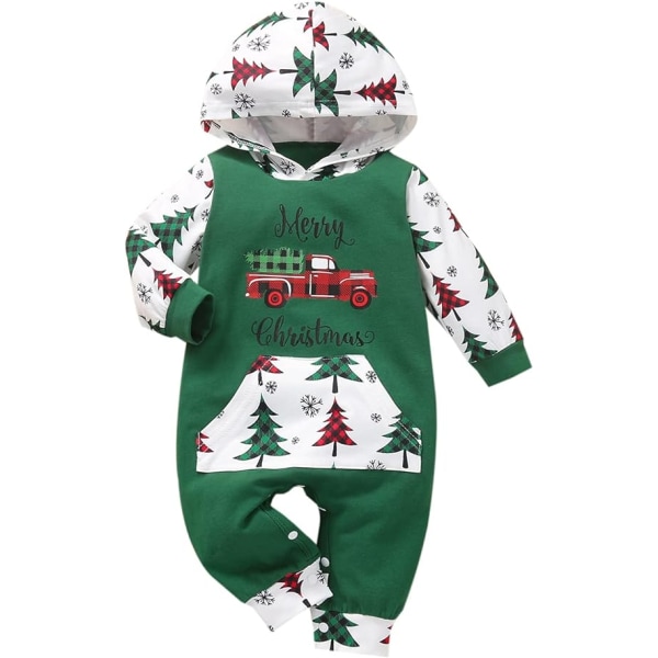 Nyfödda baby babykläder jultomten utskrift Romper Hooded långärmad Jumpsuit Green 90