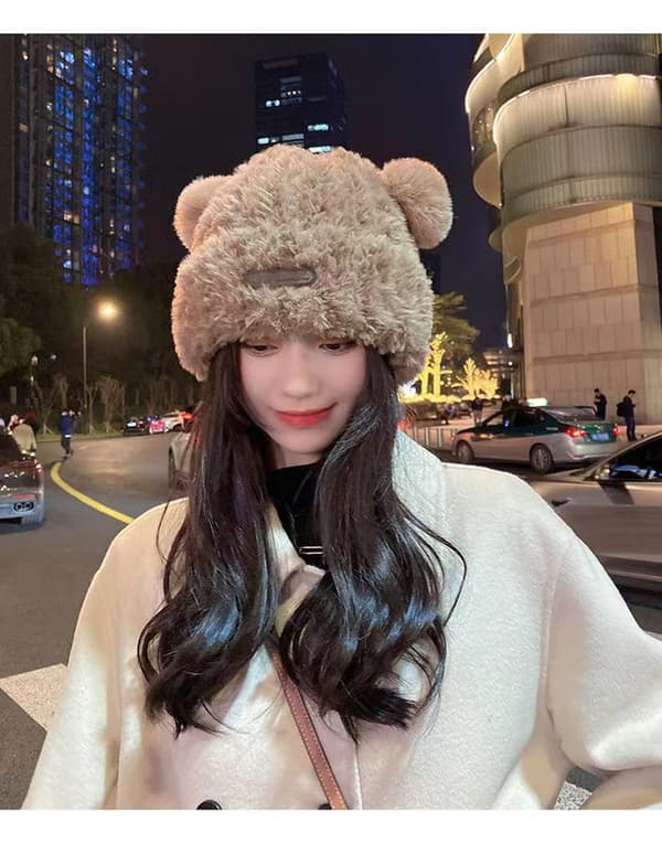 Sød Fuzzy Bjørnøre Beanie Hat til Kvinder Grey