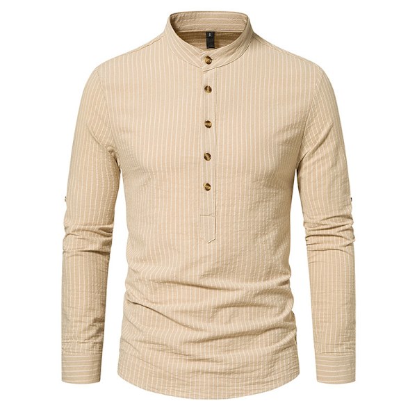 Hvit skjorte for menn med striper, stående krage og lange ermer Khaki XL