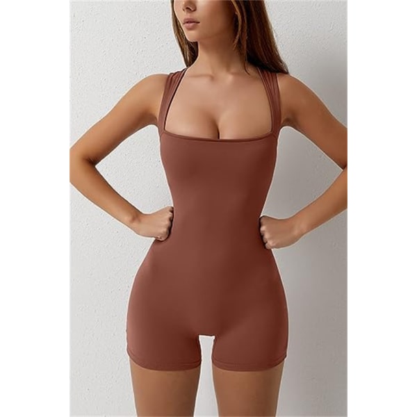 Damer Strappy Square Neck Linne Bodycon Stretch Shorts Jumpsuit Brown M
