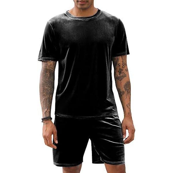 Män Velour Skjorta Pullover Shorts 2-Delad Outfit Spårkostym Black M