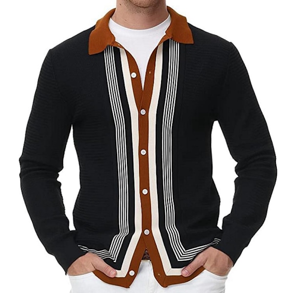Miesten rento raidallinen pitkähihainen kauluspaita Polopaita Black 3XL