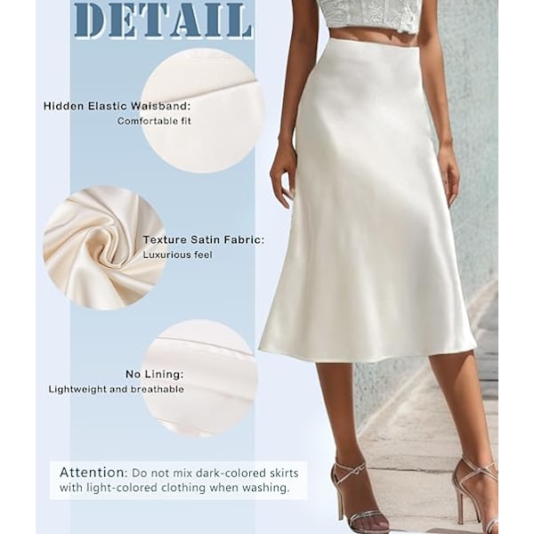 Elegant Dam Satin Silkeslen Kjol Hög Midja A-linjeformad Midikjol Beige S