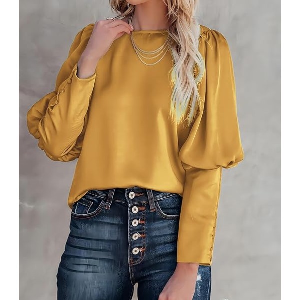 Satinbluse med Puff-ermer for kvinner - Avslappet og løs topp Yellow M