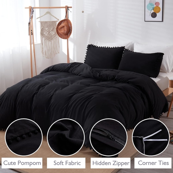 Pompong-kant Dynetrekk 3-delt Bohemsk Mikrofibersett Black Twin-168*228cm
