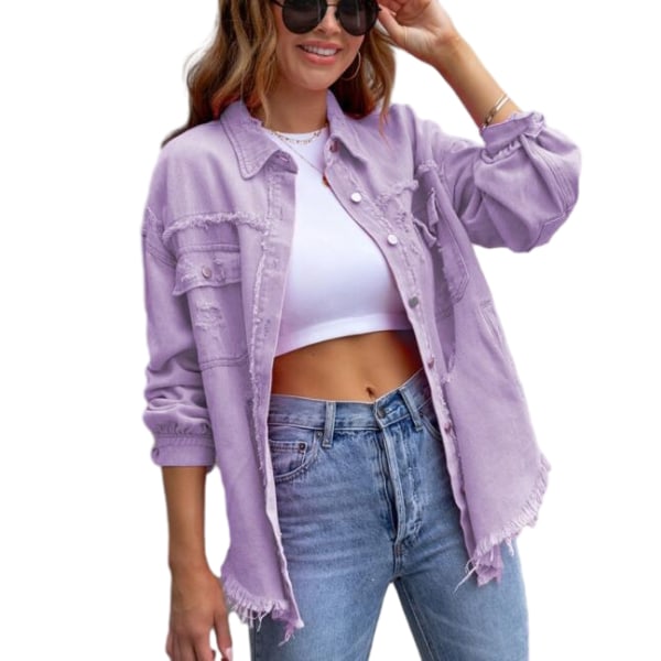 Midileng Løstsittende Denimjakke for Kvinner Purple XL