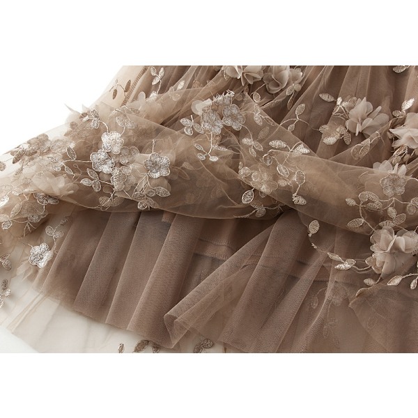 Dame Blomstret Midi Skørt Højtaljet A-Linje Sød Lagdelt Fe Mesh Tulle Plettet Skørt Khaki