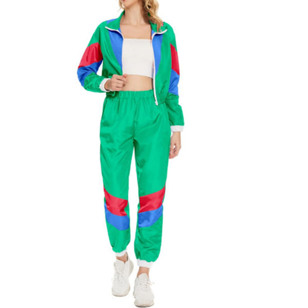 Färgglad 2-delad vindjacka för damer, långärmad crop top med dragkedja fram och träningsset Green M