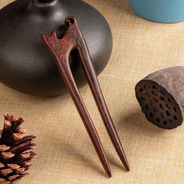 2 st franska hårgafflar i trä, handsnidade ebenholts sandelträ U-formade hårpinnar Set 1