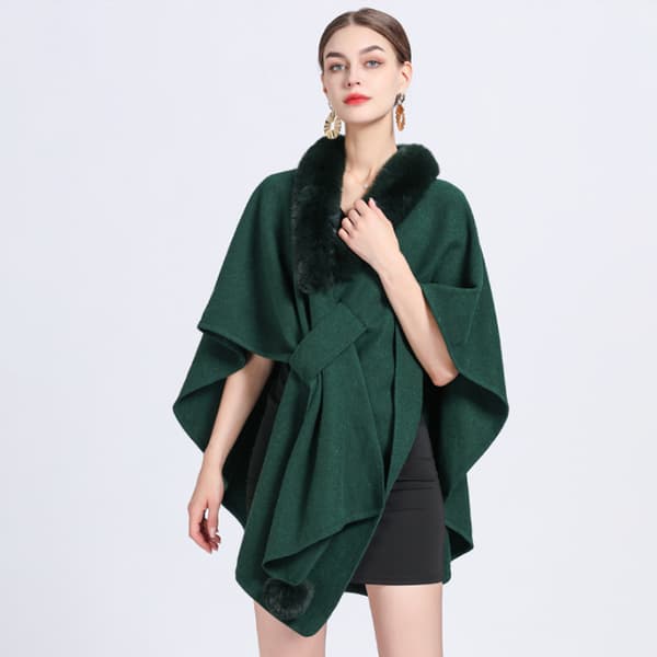 Faux Fur Trim Cardigan Kappe Sjal til Efterår Vinter Dark green