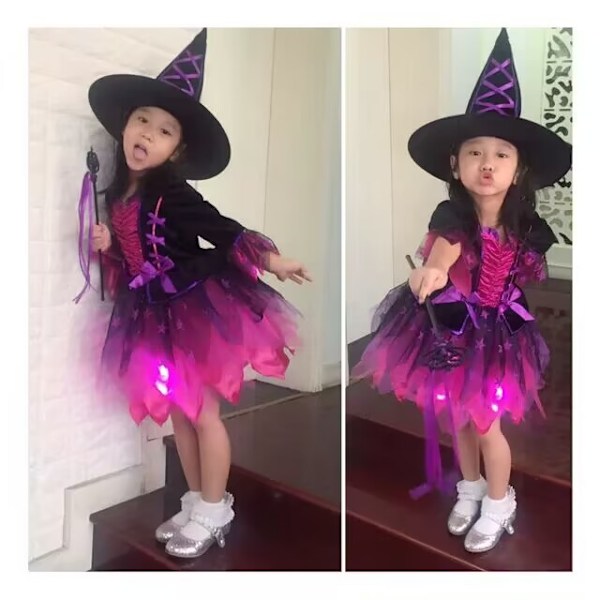 Häxkostym för flickor med Ljus - Häx Halloween Kostymer 130
