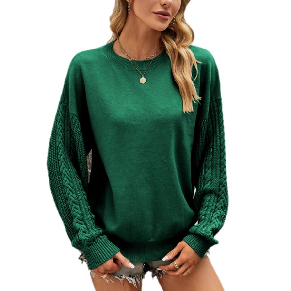Kvinnors långärmad rund hals Enfärgad stickad tröja dark green L