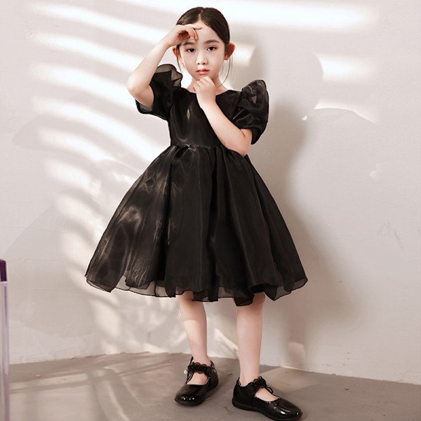 Tyttöjen Puhvihihainen Tyllihame Pyörähdys Babydoll Levenevä Juhlapuku Prinsessamekko Black 100cm
