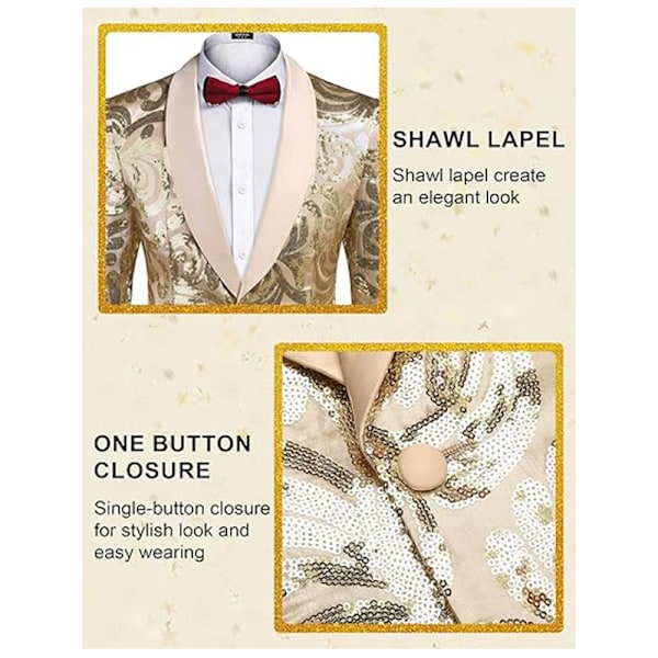 Menners Sequin Blazer Glitrende Glitterjakke Skinnende Blomsterdressjakke Champagne M