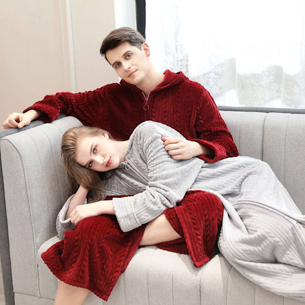Dame Fleece Varmt Badekåbe, Cozy Fluffy Lang Badekåbe Wine Red-Men M