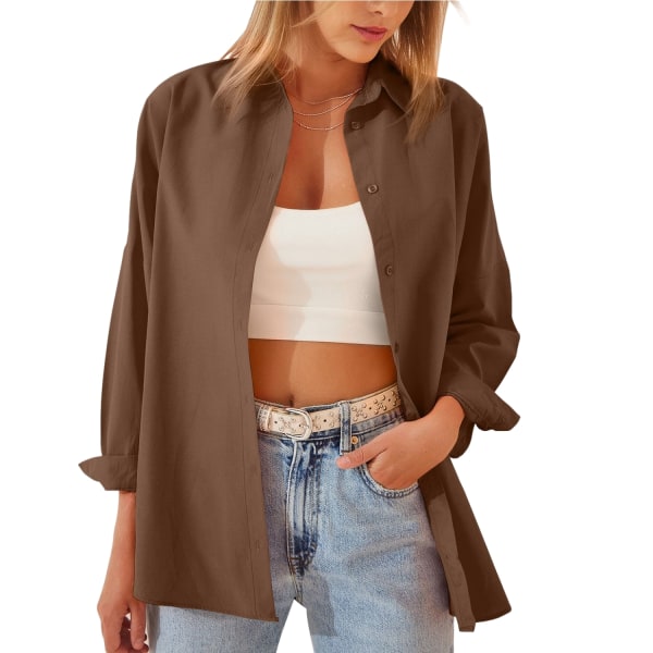 Kvinnors bomulls skjorta med lång ärm och knappar i enfärgad design Brown M