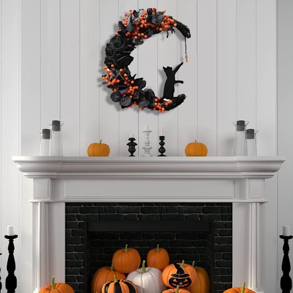 Halloween Halvmånekrans med Lys, Sort Måneblomst og Kattekrans Style 1